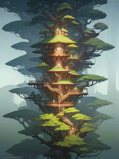 there is a tree house with a staircase and a tree in the middle, bonsai tree house, tree house, highly detailed illustration, tree town, treehouse, intricate detailed illustration, surreal + highly detailed, cyberpunk tree house, highly detailed digital ar...