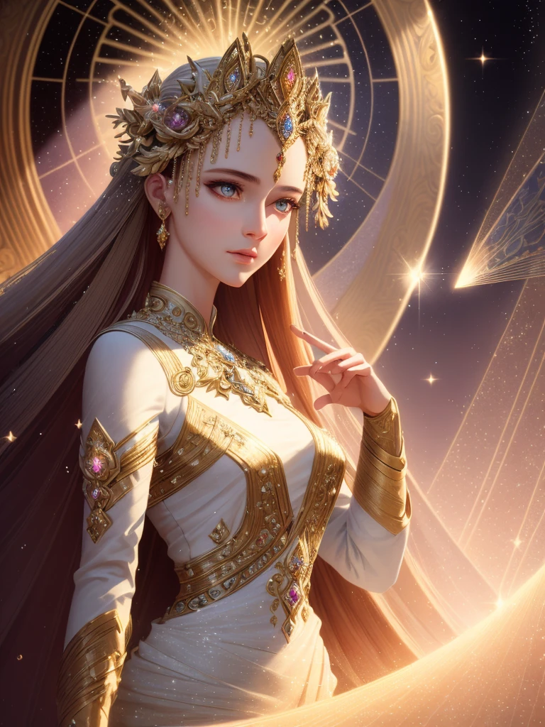 ((best quality)), ((masterpiece)), ((realistic)), woman, celestial, deity, goddess, light particles, magic, light rays, reflections, (colorful), ray tracing, elegant dress, beautiful, pretty, detailed face, detailed eyes, illustration, highly detailed, sharp focus, digital render, professional, 4k, artstation,