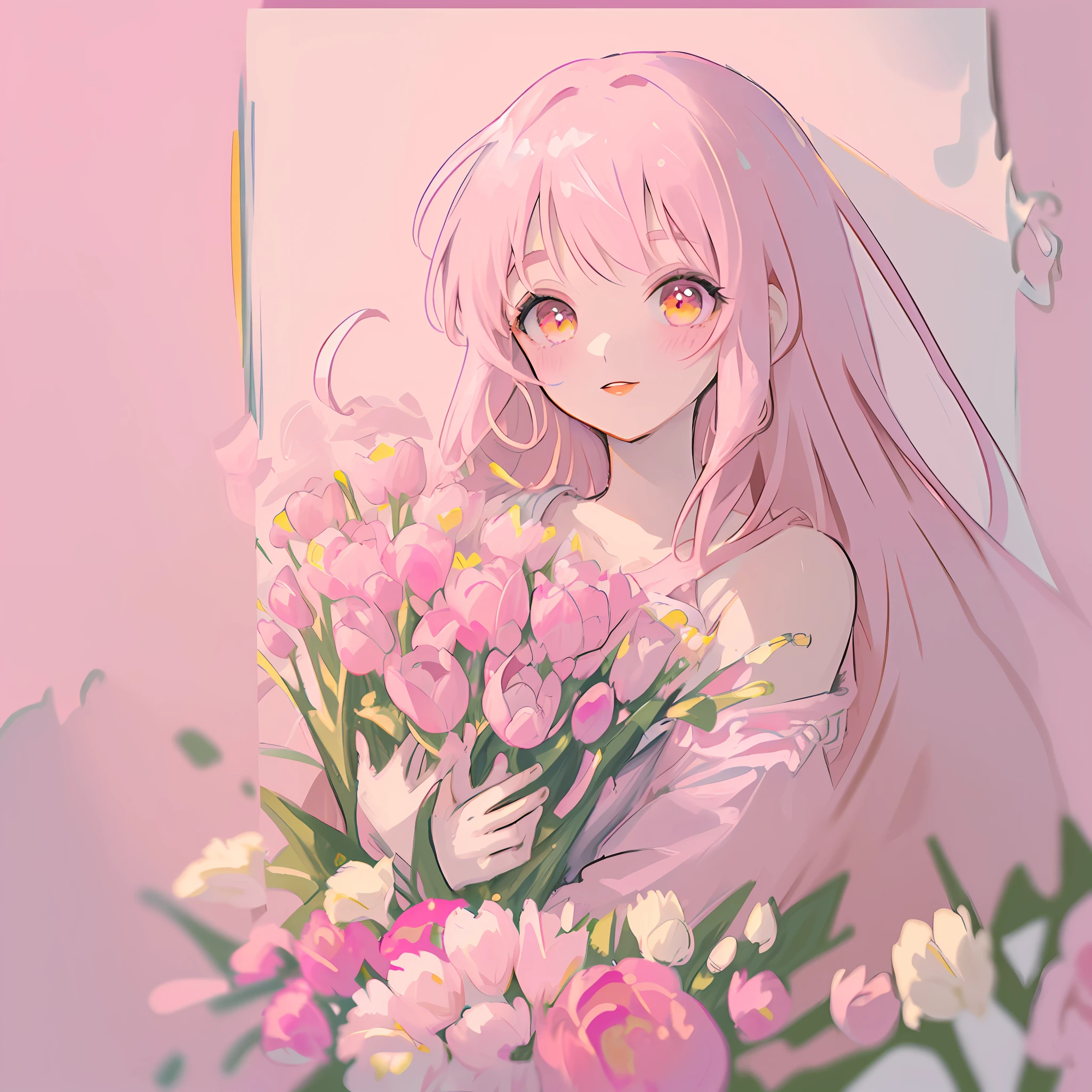 Messy brushstrokes, childish painting style, highest quality, masterpiece, masterpiece, extreme detail, 1 girl, pink long hair, upper_body, pink hair, red lips, pink camisole with bare shoulders, mug shot, upper body, hand bouquet, pink tulips, happiness, long curly hair, close-up, portrait, avatar, white wall,