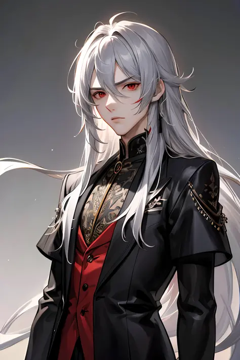 1 man, adult, ((male)), long hair, tall, male, silver hair, red eyes, mature, philosopher, serious, messy hairstyle, sophisticat...