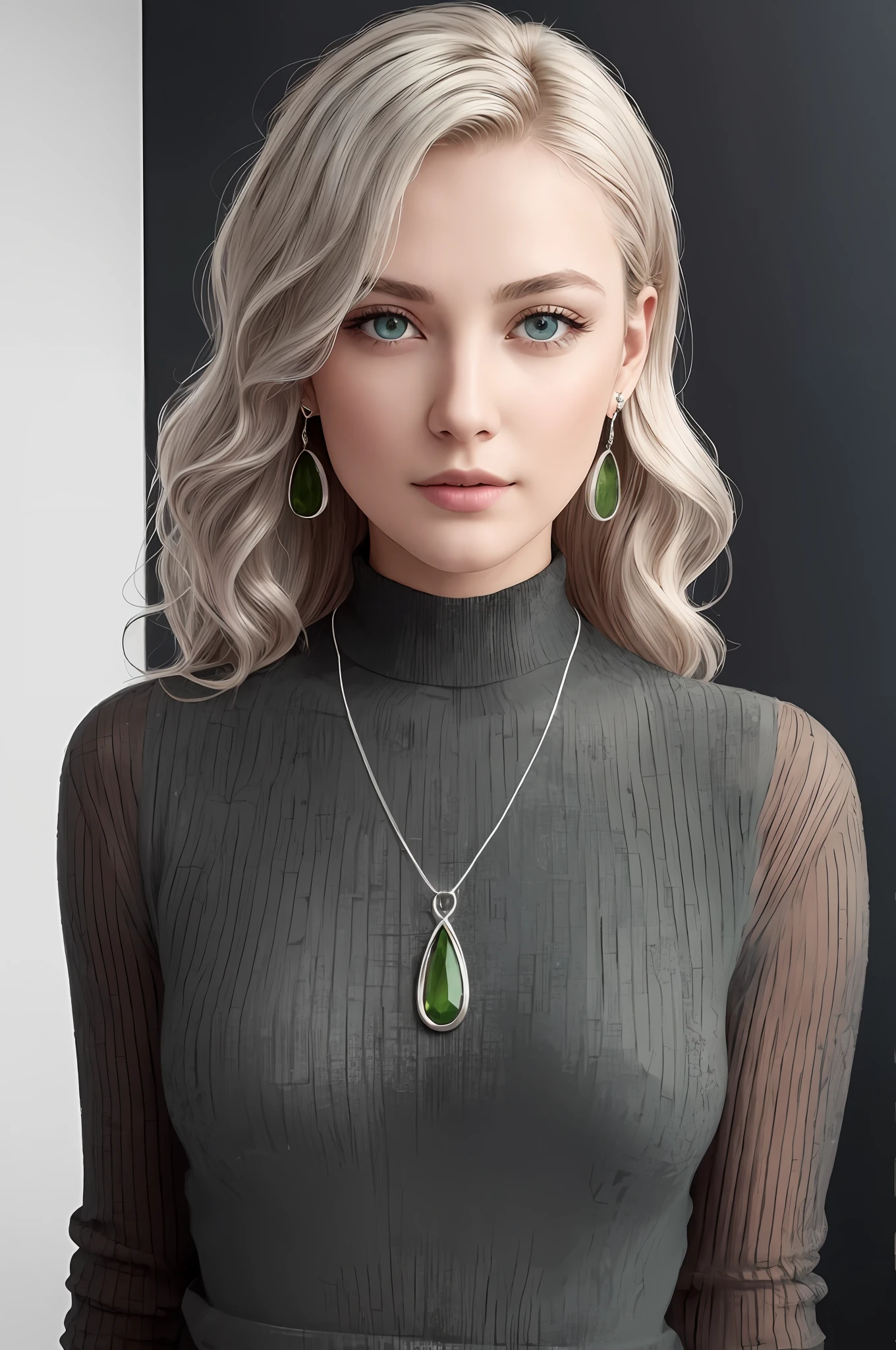 (8k, RAW photo, highest quality),(epic realistic:1.5), a girl, dynamic posture,erotic face, seductive pose, black knit dress, turtleneck dress, (detailed eyes:0.8),(looking at the camera:1.4), (highest quality), (best shadow),intricate details,cinematic,((skin:1.4)),interior, (wavy blonde shoulder length hair:1.3),dark studio,(hdr:1.5),detailed, muted colors, pink lips, bright green eyes, silver earring, silver necklace,