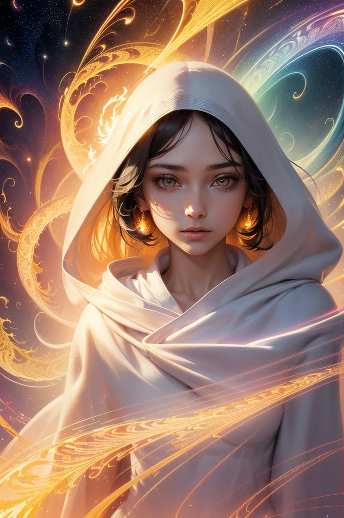 (masterpiece, top quality, best quality, official art, beautiful and aesthetic:1.2), (1girl), extreme detailed eyes, (fractal art:1.3), colorful, highest detailed, (perfect face), shiny skin, HDR, (white cloak golden lines:1.2), galaxy, (light streaks), striking visuals, (dynamic streaks, luminous trails:1.2), vibrant colors, (phoenix), (dragon)