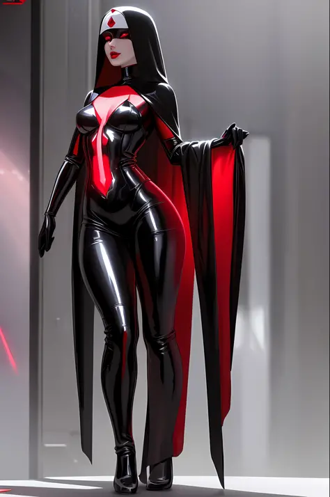 full body shot photo of the most beautiful artwork in the world featuring a sexy latex nun, villain, (red glowing eyes), cybernetic, nun veil, detailed face, detailed and beautiful eyes, (futuristic technology look), slow motion, intricate detail, High Det...