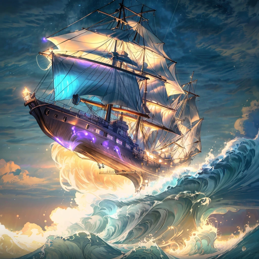 (((8k, RAW photo, Best Quality, Masterpiece: 1.4))), Ultra High Resolution, Ultra Detailed, Illustration, Close Up, Environment Only, (spectral ghost sailing ship emerges form dark clouds), (glowing brightly with a golden light), (dark stormy sky), glistening, waves crash, dolphins swim alongside, imagination, outdoors, particle effects,