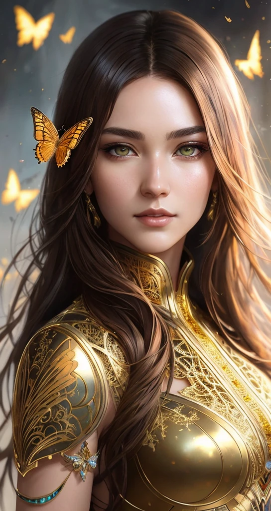 Retrato 8k de um lindo ciborgue com cabelo castanho, Intrincado, elegante, Altamente detalhado, majestoso, Fotografia digital, arte de artgerm e ruan jia e greg rutkowski pintura surreal filigrana de borboleta dourada, vidro quebrado, (obra de arte, iluminação lateral, lindos olhos finamente detalhados: 1.2), HDR,