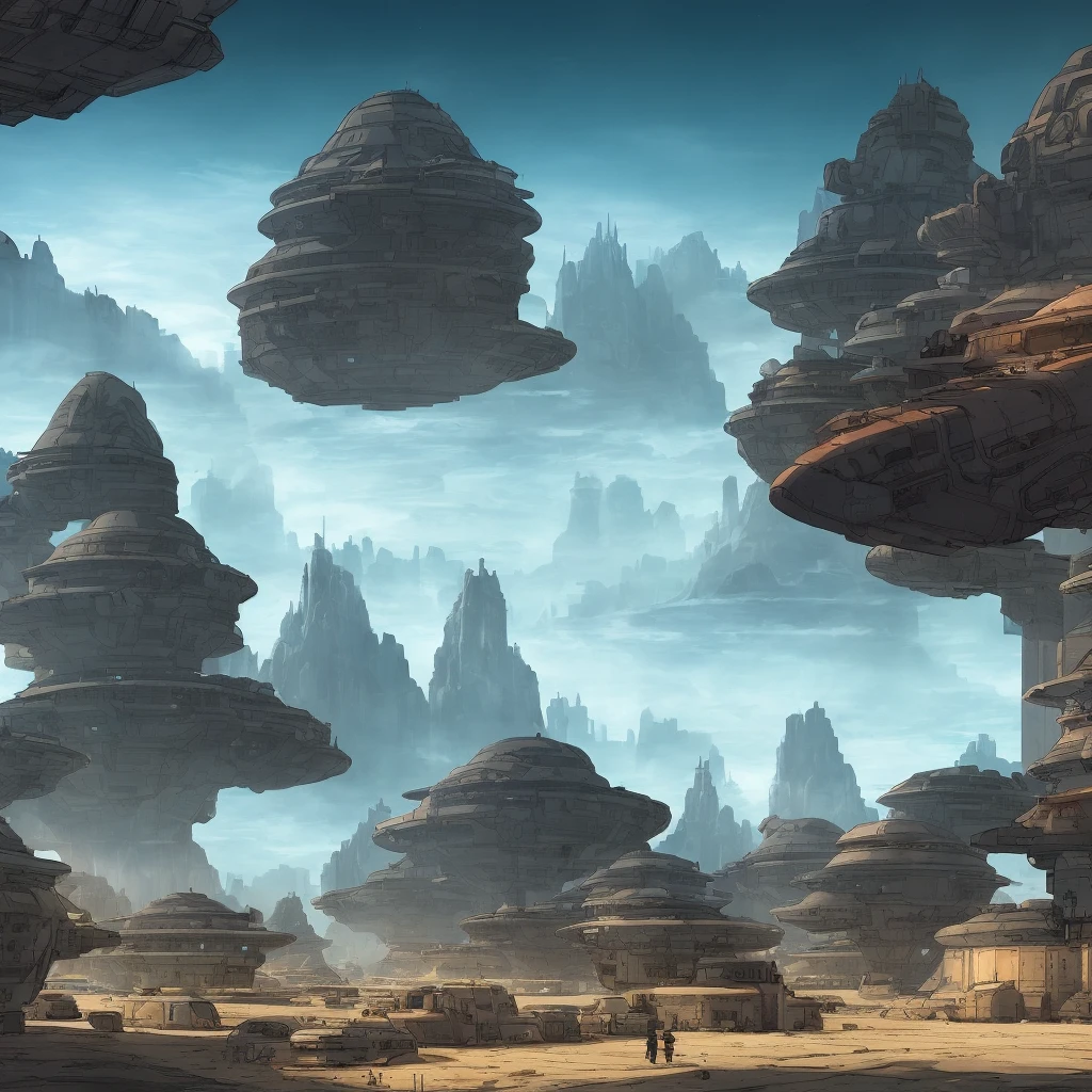 (extremely detailed, sci-fi Concept Art,masterpiece), high resolution, (ComplexLA:1.2, nvinkpunk+MarioAlberti artstyle+Ghibli style:1.1::0.9), few buildings, arid landscape, blue sky, warm light, sunset, floating clouds.