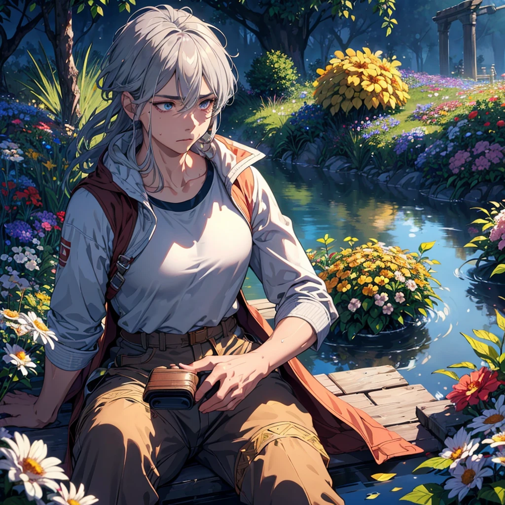 Best Quality, Masterpiece, No Expression, Ultra High Resolution, Detailed Background, Realistic, 1 person, Solo, Male, Muscular, Mature Male, Short Hair, Facial Hair, Seated, Water, Flower Field, Real Shadows and Light, Depth of Field ((highest quality + illustration + Masterpiece: 1.3 + Super Detail: 1.2)), a super detailed grandmother, (Super detailed face + eyes), cinematic lighting, (gray hair + long hair), sportswear, medium breasts, upper body, looking at the audience (casual expression), random scenes, Random weather, (color), (slow motion: 1.2), (soft light and shadow: 1.3).