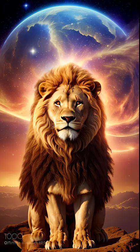 Photograph taken from afar of a humanoid lion in full king's outfit sitting on the throne, with background nebula ((best anatomy)) hyperrealism, realism, proportional, total quality, stylized