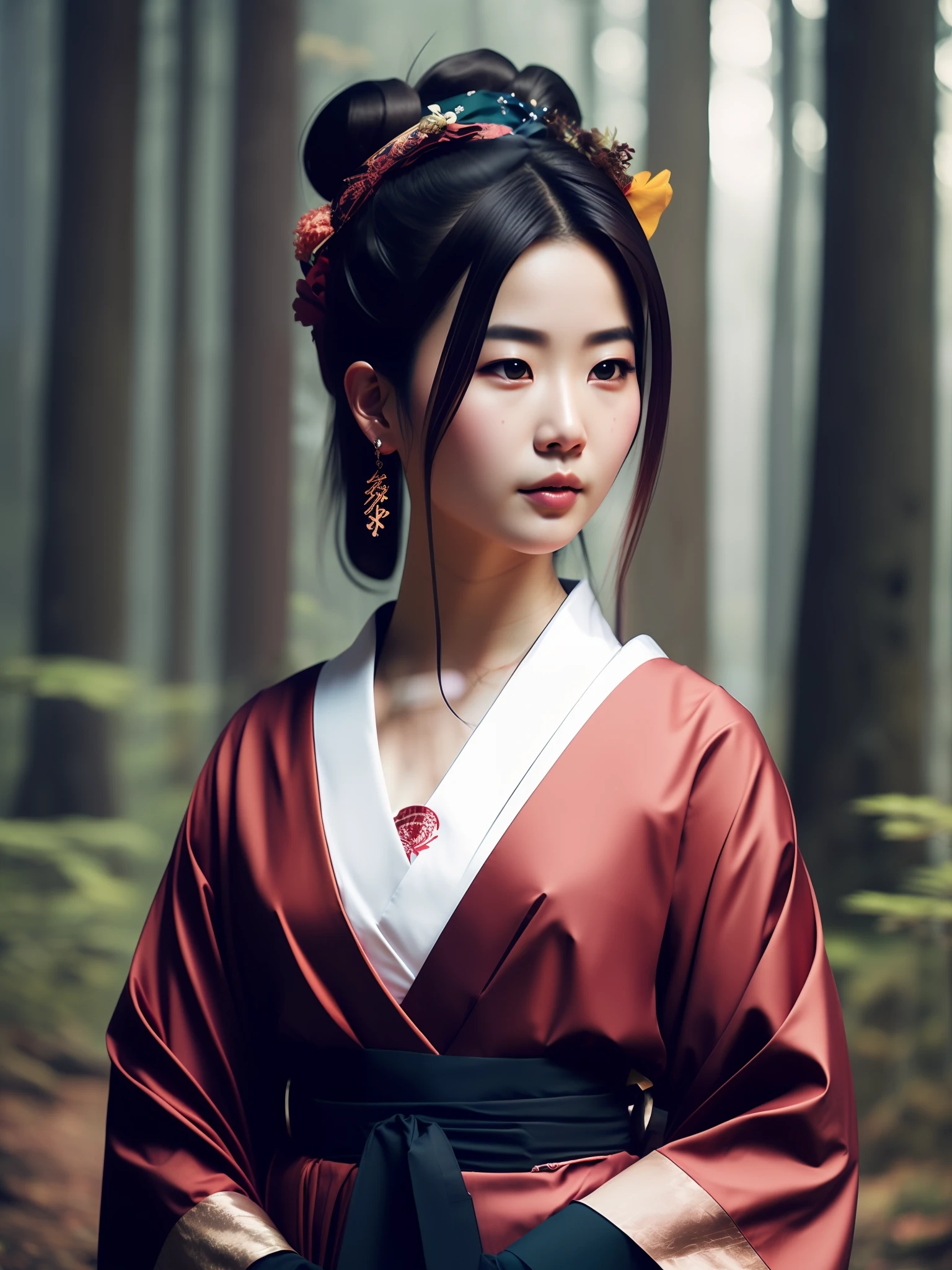 Maldita sea_ciencia ficción_v2, retrato de una joven gueisha japonesa muy hermosa, frente a un bosque humeante, Ropa rica y colorida y paraguas japonés., de cerca, pose y actitud misteriosa. Maldita sea_Cine_v2