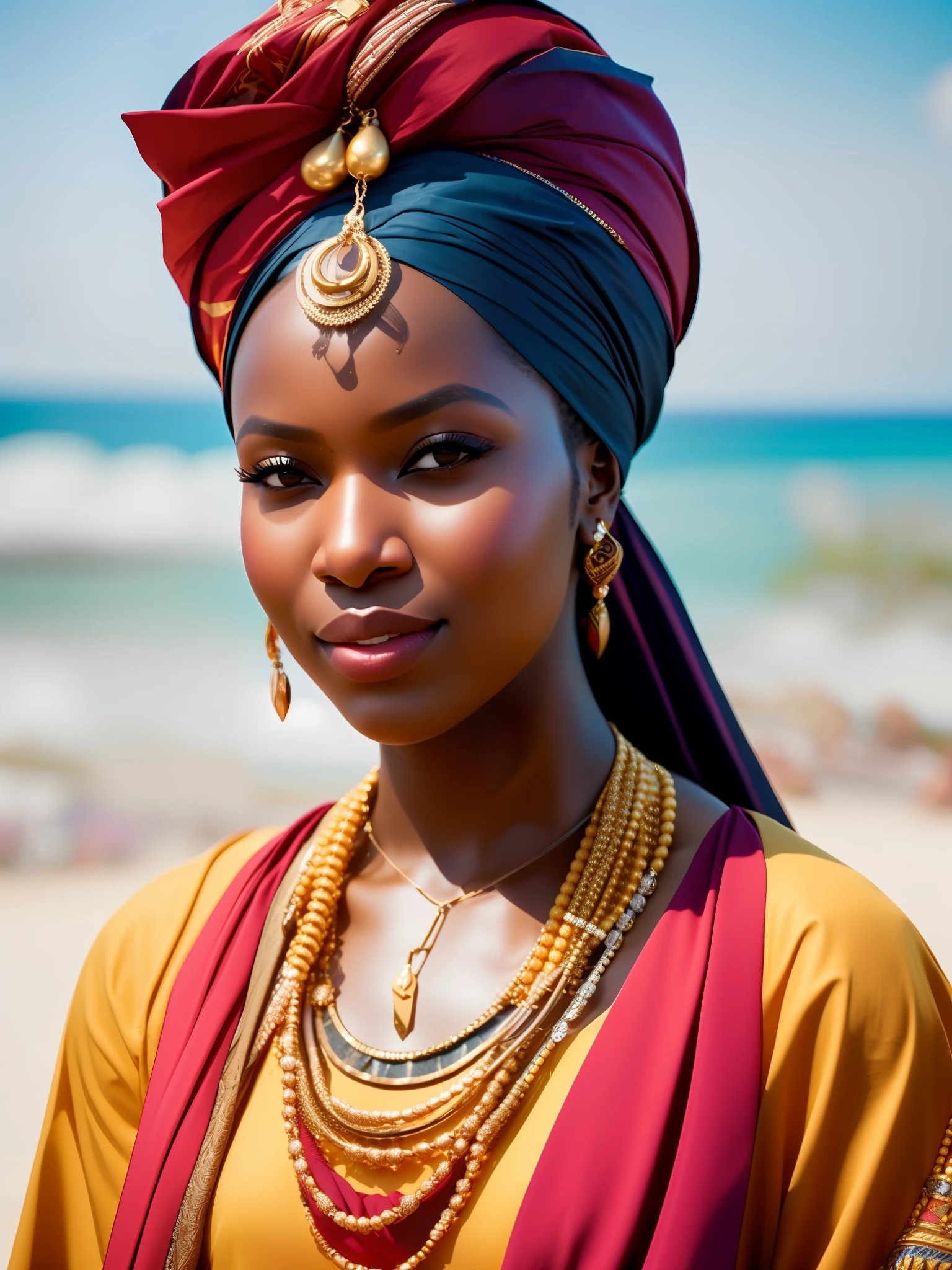 porra_ficção científica, porra_ficção científica_v2, retrato de uma jovem africana muito bonita, em frente a uma praia, roupas coloridas ricas, turbante e joias africanas douradas, fechar-se, pose e atitude reais. porra_cinema_v2. porra_cinema_v2