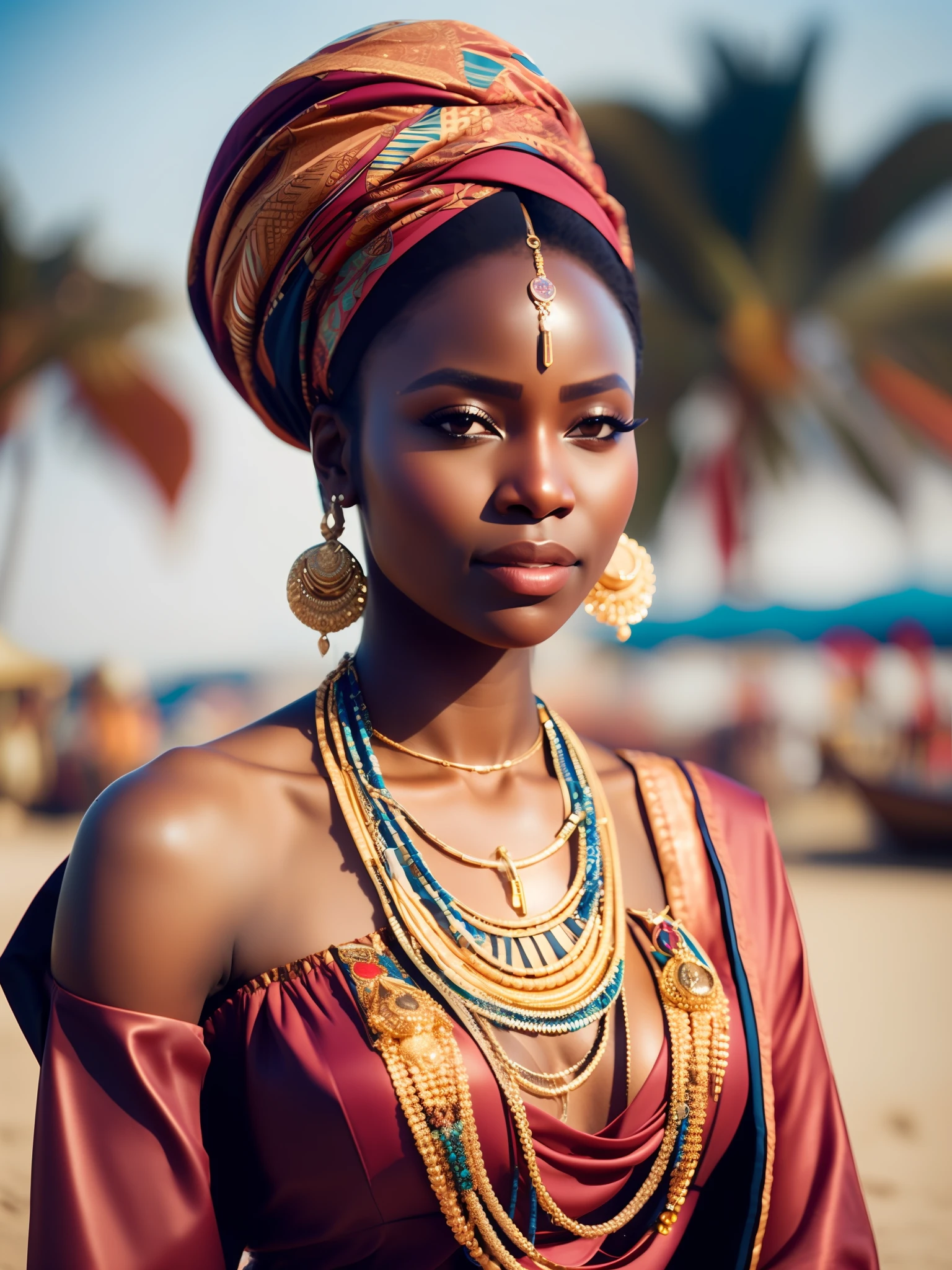 fking_scifi, fking_scifi_v2, portrait of a young very beautiful African woman, in front of a beach, rich colorful clothes, turban and golden african jewelry, close up, regal pose and attitude. fking_cinema_v2. fking_cinema_v2
