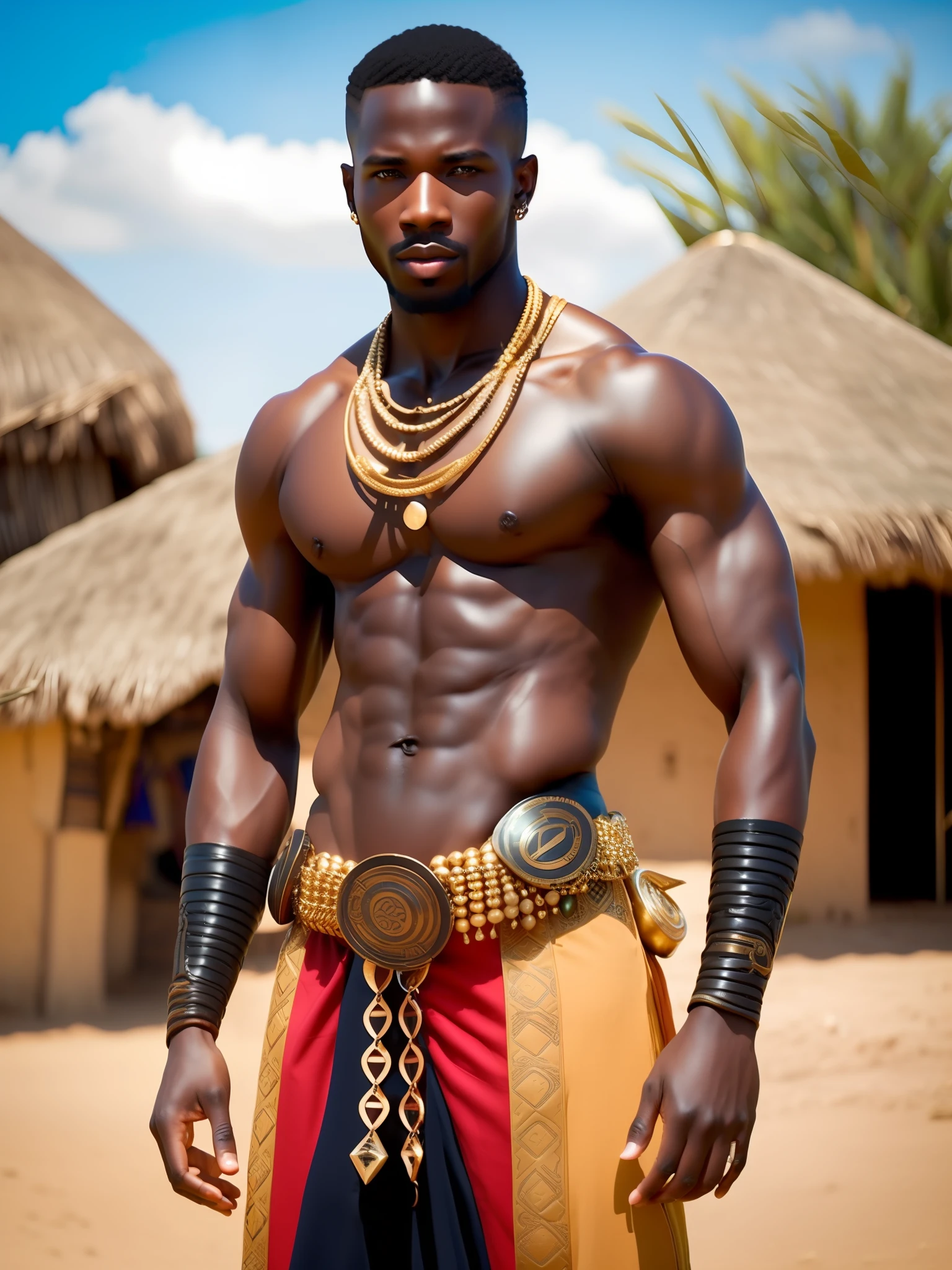 putain_science-fiction, putain_science-fiction_v2, portrait d&#39;un jeune, homme guerrier africain musclé très beau et attrayant, devant un village africain, vêtements riches et colorés et bijoux africains dorés, fermer, pose et attitude royales. putain_Cinéma_v2.