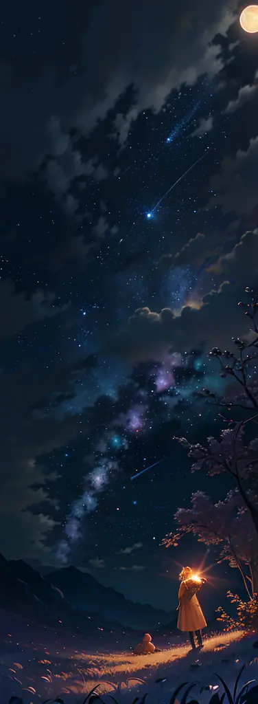 starry night with a couple of people sitting under a tree, night sky full of flowers, calm night. digital illustration, night sky; 8k, moonlit starry sky environment, starry sky 8 k, night under the starry sky, endless cosmos in the background, night backg...