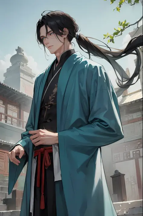 Masterpiece, best, a man, chinoiserie, ancient china, black hair, gray blue eyes, split hair, long hair, long bangs, high ponyta...