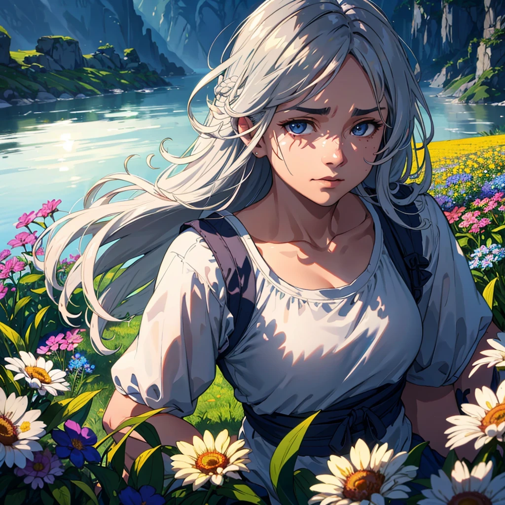 muscles, sitting, undercutting, facial hair, flower field, water, depth of field, dusk ((highest quality + illustration + masterpiece: 1.3 + super detailed: 1.2)), a super detailed grandmother, (super detailed face + eyes), cinematic lighting, (gray hair + long hair), sportswear, medium breasts, upper body, looking at the audience (casual expressions), random scenes, random weather, (color), (slow motion: 1.2), (soft light and shadow: 1.3).