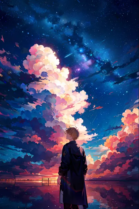 masterpiece, best quality, 1boy, clouds, starry, sky, colorful