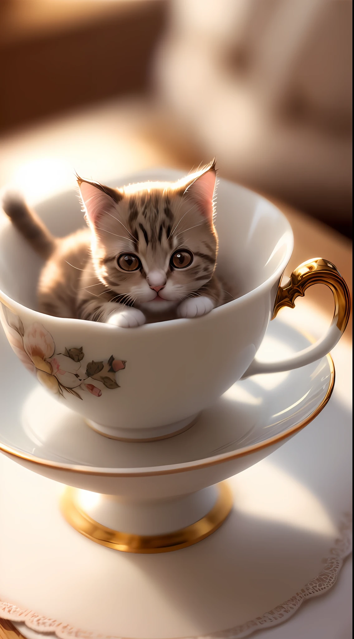 There is a small kitten sitting in a teacup on a saucer - SeaArt AI