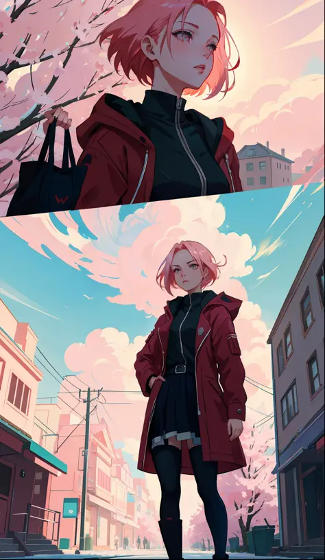 Sakura haruno, seductive, ((forehead the show)), attractive, sexy eyes, red coat with akatsuki clouds, pink hair, delicate, youn...