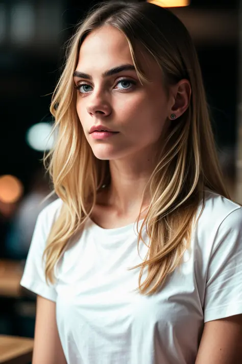 beautiful woman, long straight blonde hair, wearing a white t-shirt without print, wearing leather belt, front view (sitting inside a modern restaurant at night), Cara Delevingne, very detailed, 30 years, natural wave hair, blue eyes, high-res, masterpiece...