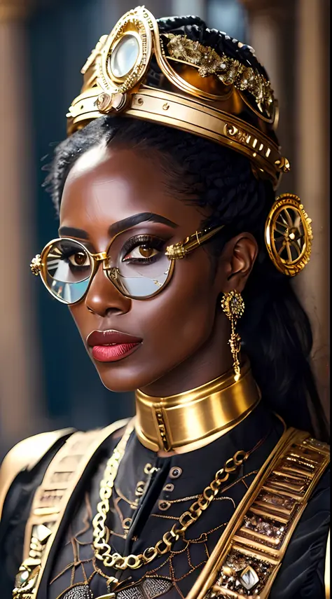 still from the movie [Steampunk:Clockpunk:16], focus on the eyes, best quality, (Victorian-era Kenyan woman with dark skin), per...