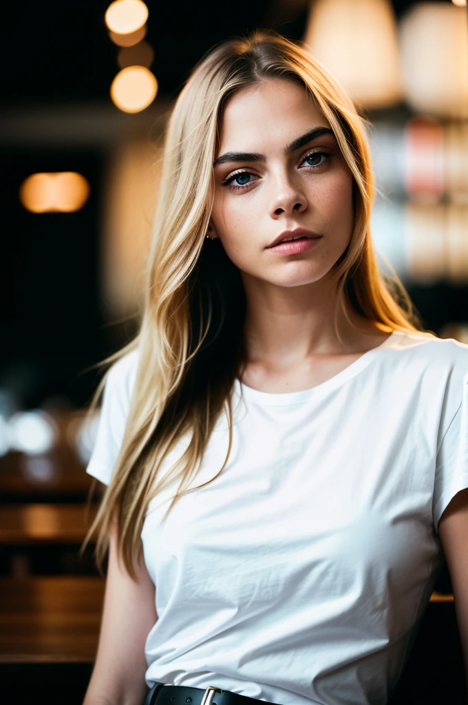 beautiful woman, long straight blonde hair, wearing a white t-shirt without print, wearing leather belt, front view (sitting inside a modern restaurant at night), Cara Delevingne, very detailed, 30 years, natural wave hair, blue eyes, high-res, masterpiece, best quality, intricate details, highly detailed, sharp focus, detailed skin, realistic skin texture, texture, detailed eyes,  professional, 4k, Canon shooting, 85mm, shallow depth of field, kodak color vision, perfect fit body, extremely detailed, photo_\(ultra\), photorealistic, realistic, post-processing, maximum detail, roughness, real life, ultra realistic, photorealism, photography, 8k uhd, photography (grain of film) medium shot for closeup shot atmospheric dark lighting