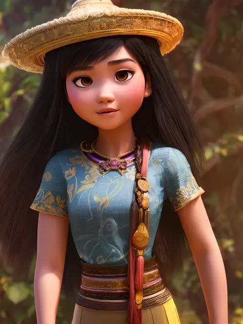 (Pixar style) A waist-high portrait of a Thai girl with long hair, natural skin texture, 4K textures, HDR, intricate, highly det...