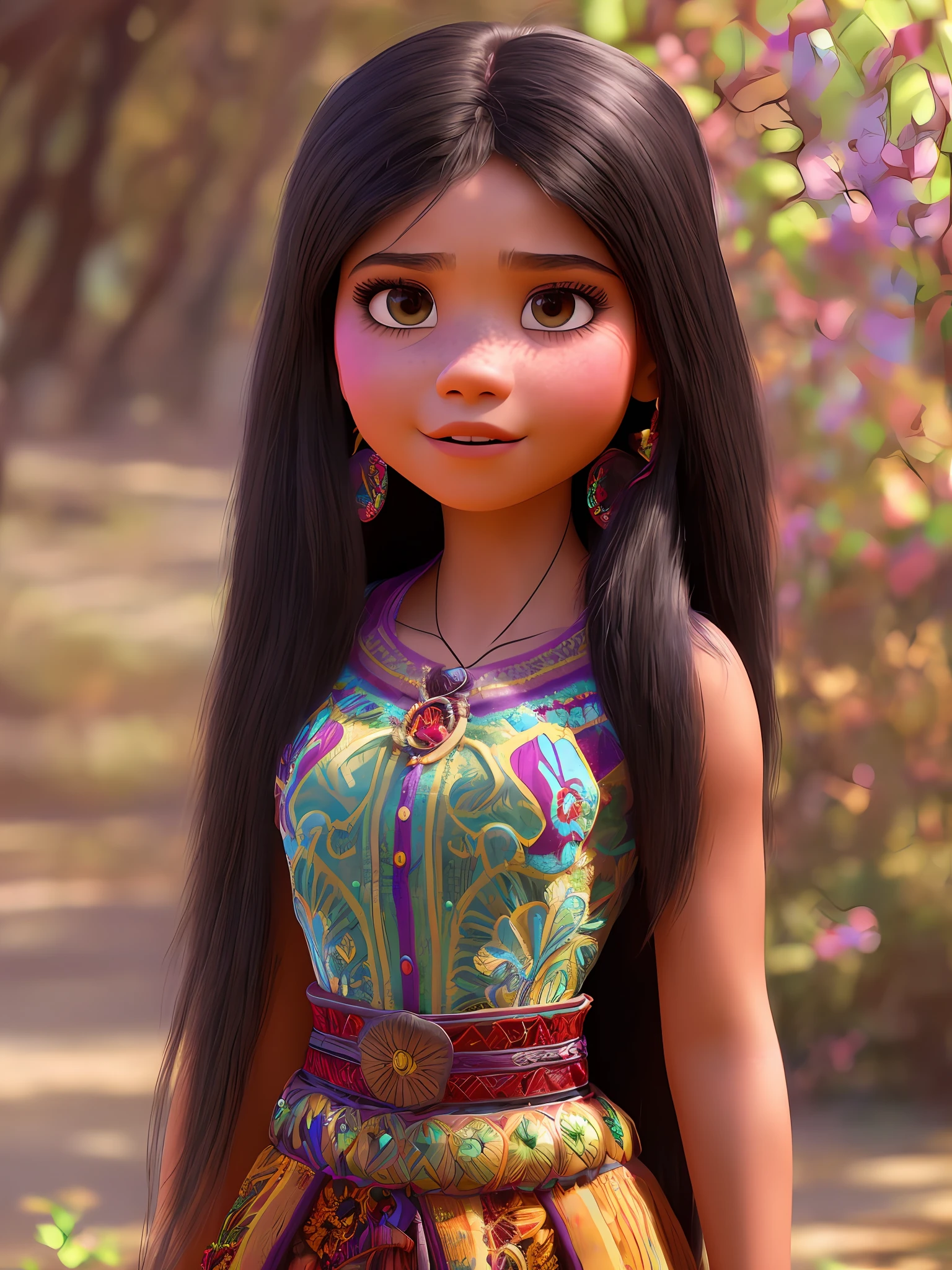 (estilo pixar) Un retrato hasta la cintura de una niña mexicana con cabello largo., textura natural de la piel, texturas 4K, hdr, Intrincado, muy detallado, enfoque nítido, hiperdetallado