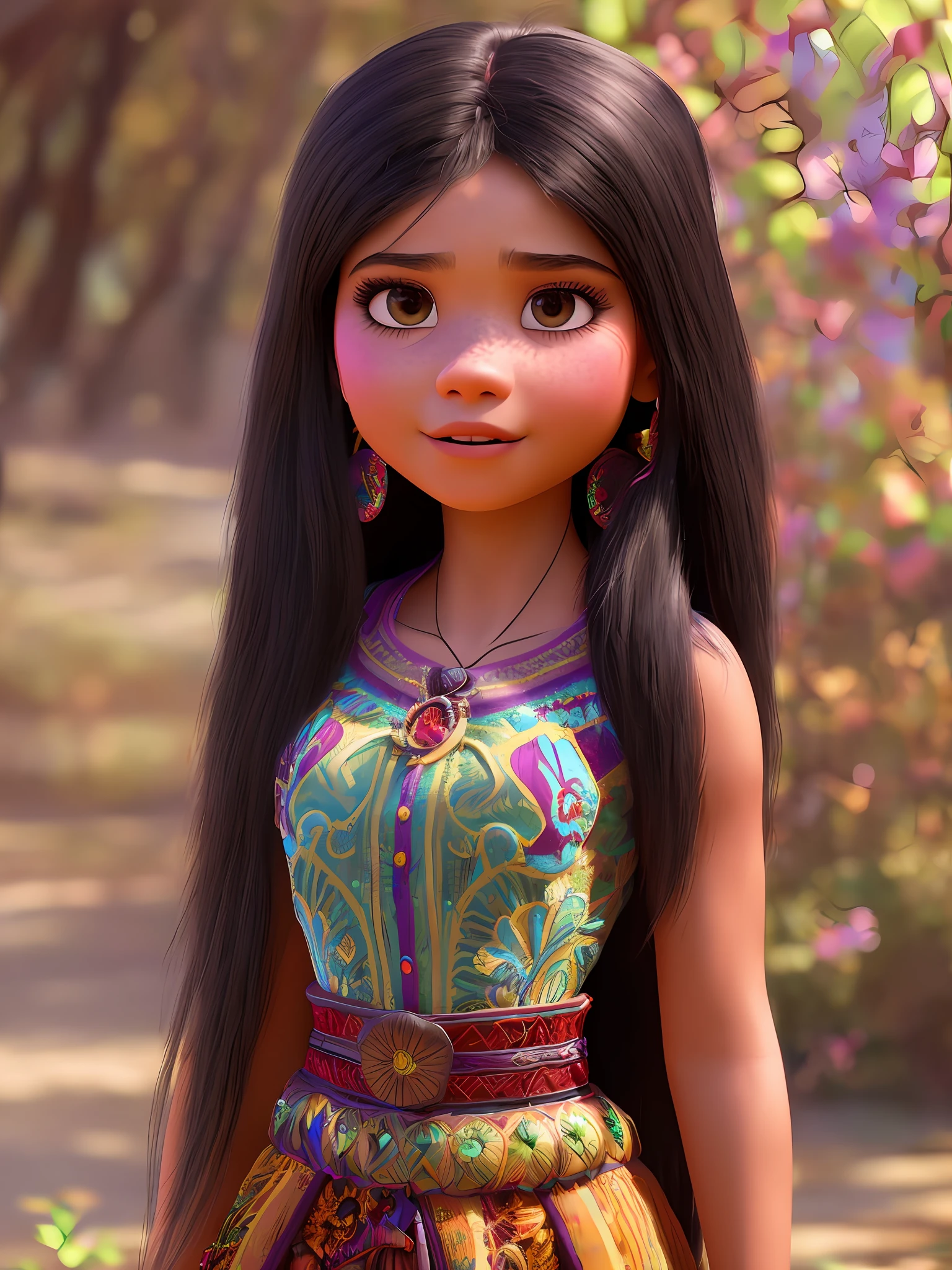 (estilo pixar) Retrato na altura da cintura de uma menina brasileira em trajes típicos, Texturas 4k, HDR, Intrincado, Altamente detalhado, foco nitído, hiper-detalhado