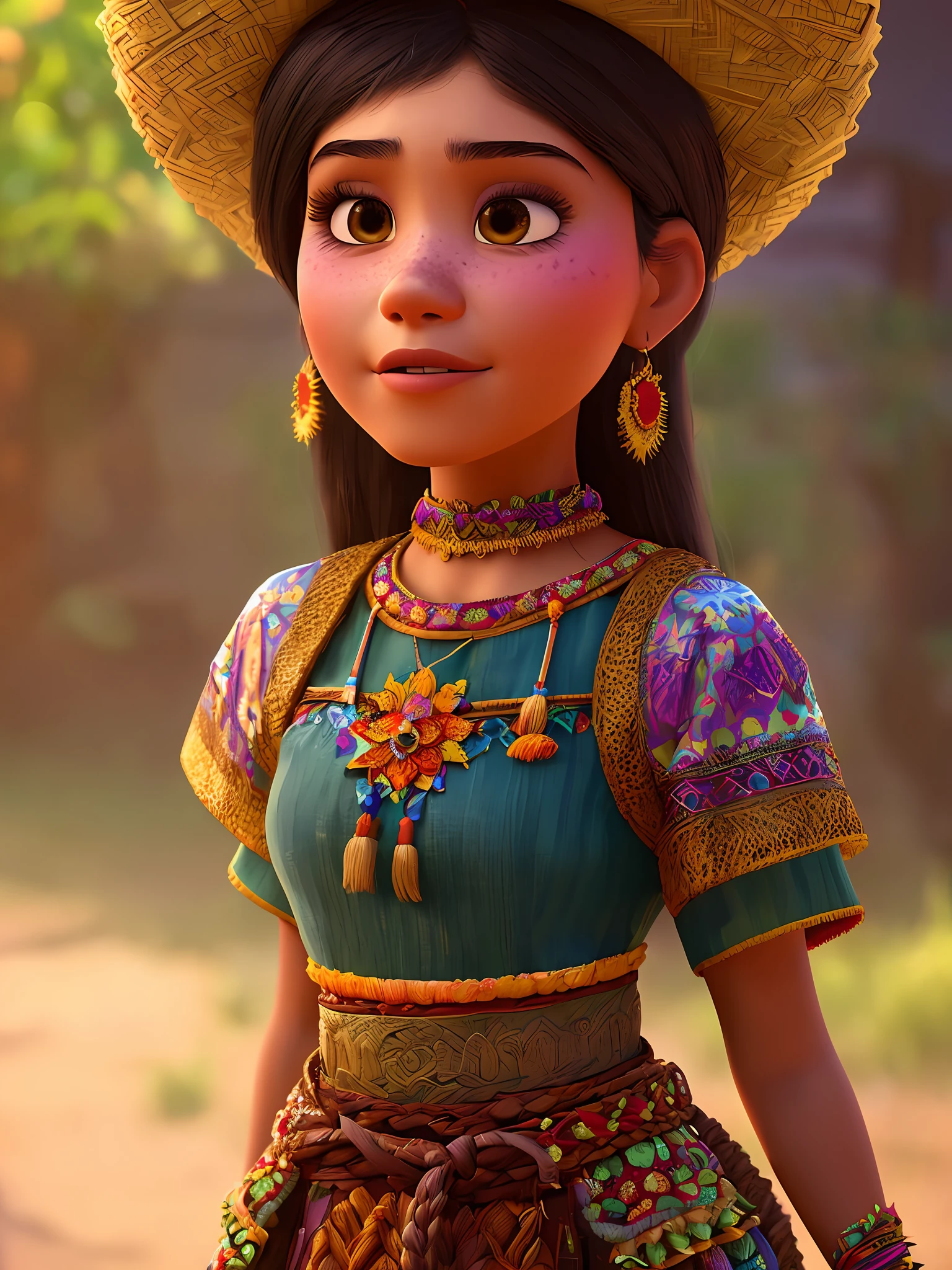 (estilo pixar) Un retrato a la altura de la cintura de una niña mexicana con trajes típicos, textura natural de la piel, texturas 4K, hdr, Intrincado, muy detallado, enfoque nítido, hiperdetallado