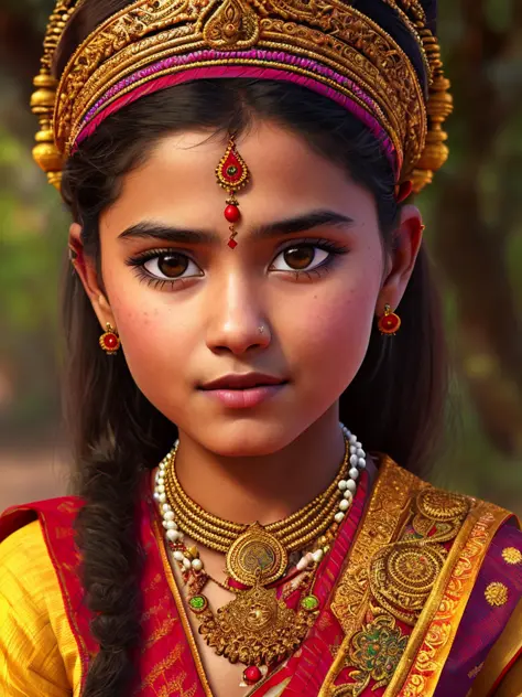 A portrait of a Hindu girl in typical costumes, 4K textures, HDR, intricate, highly detailed, sharp focus, hyper-detailed