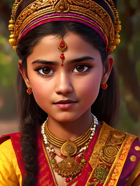 A portrait of a Hindu girl in typical costumes, 4K textures, HDR, intricate, highly detailed, sharp focus, hyper-detailed