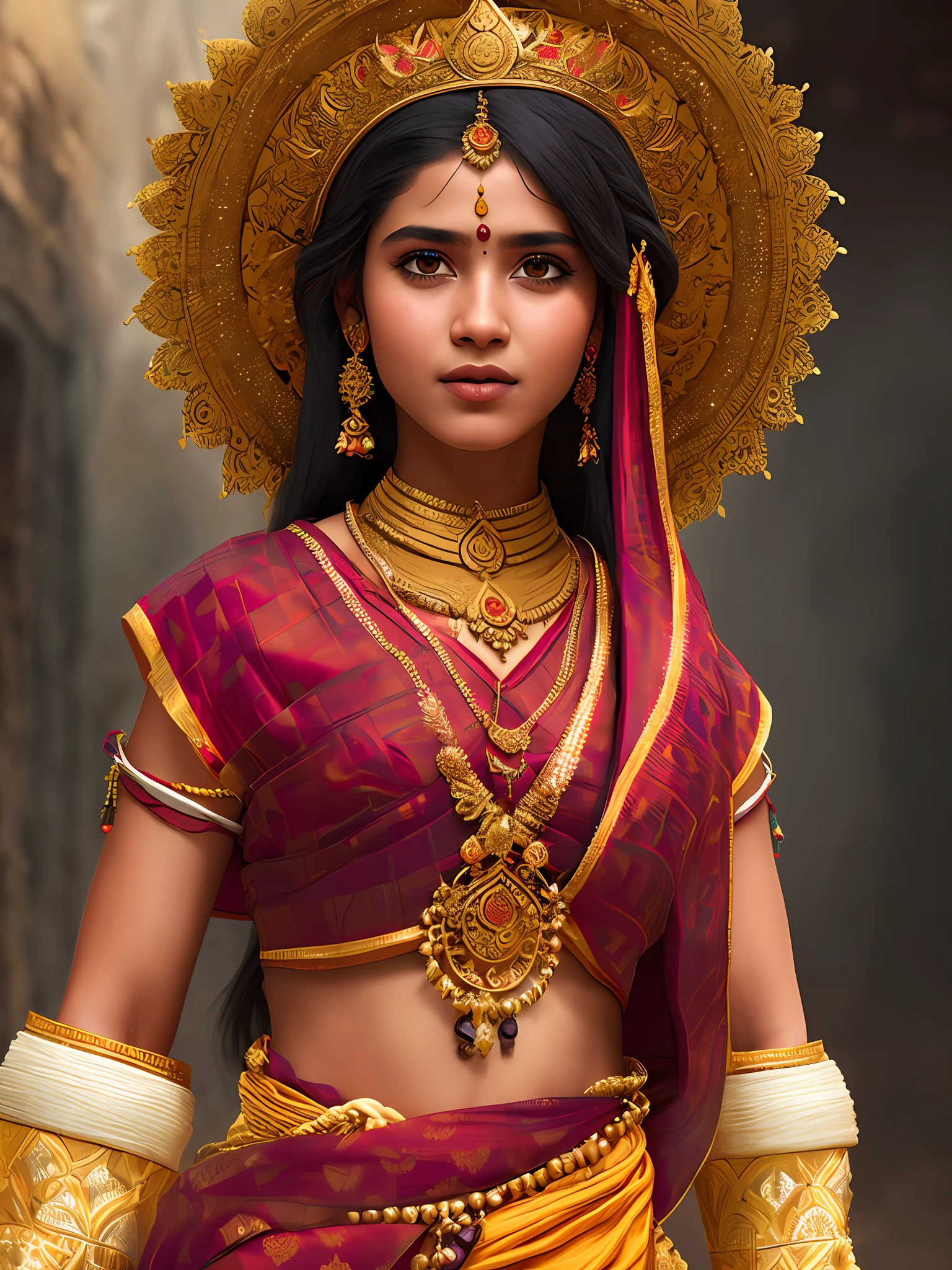 A portrait of a Hindu girl in typical costumes, 4K textures, HDR, intricate, highly detailed, sharp focus, hyper-detailed