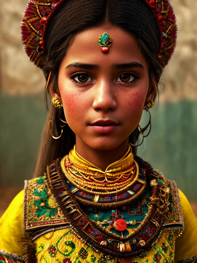 Retrato de uma menina brasileira em trajes típicos, Texturas 4k, HDR, Intrincado, Altamente detalhado, foco nitído, hiper-detalhado