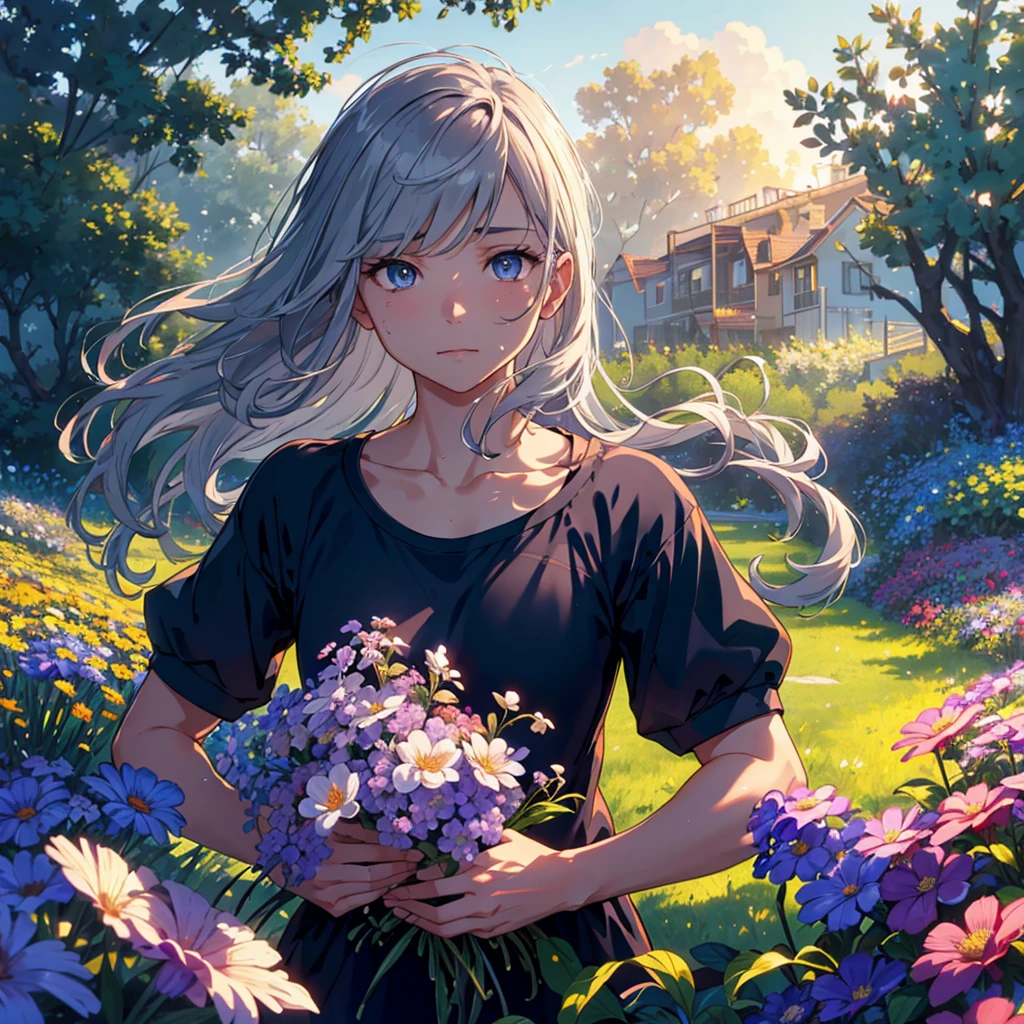 muscles, sitting, undercutting, facial hair, flower field, water, depth of field, dusk ((highest quality + illustration + masterpiece: 1.3 + super detailed: 1.2)), a super detailed grandmother, (super detailed face + eyes), cinematic lighting, (gray hair + long hair), sportswear, medium breasts, upper body, looking at the audience (casual expressions), random scenes, random weather, (color), (slow motion: 1.2), (soft light and shadow: 1.3).