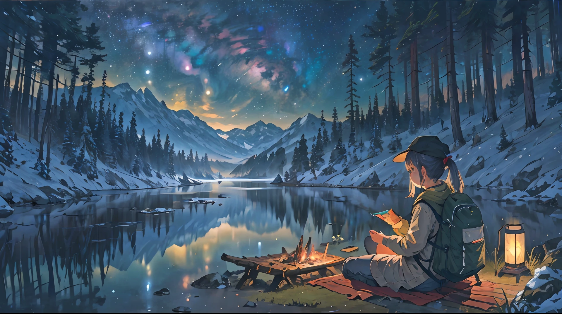 masterpiece, best quality, ultra-detailed, illustration, 1girl, short girl, young girl, beautiful, solo, looking away, outdoors, camping, night, mountains, nature, stars, moon, tent, twin ponytails, green eyes, cheerful, happy, backpack, sleeping bag, camping stove, water bottle, mountain boots, gloves, sweater, hat, flashlight, forest, rocks, river, wood, smoke, shadows, contrast, clear sky, constellations, Milky Way, peaceful, serene, quiet, tranquil, remote, secluded, adventurous, exploration, escape, independence, survival, resourcefulness, challenge, perseverance, stamina, endurance, observation, intuition, adaptability, creativity, imagination, artistry, inspiration, beauty, awe, wonder, gratitude, appreciation, relaxation, enjoyment, rejuvenation, mindfulness, awareness, connection, harmony, balance, texture, detail, realism, depth, perspective, composition, color, light, shadow, reflection, refraction, tone, contrast, foreground, middle ground, background, naturalistic, figurative, representational, impressionistic, expressionistic, abstract, innovative, experimental, unique, depth of field, bokeh