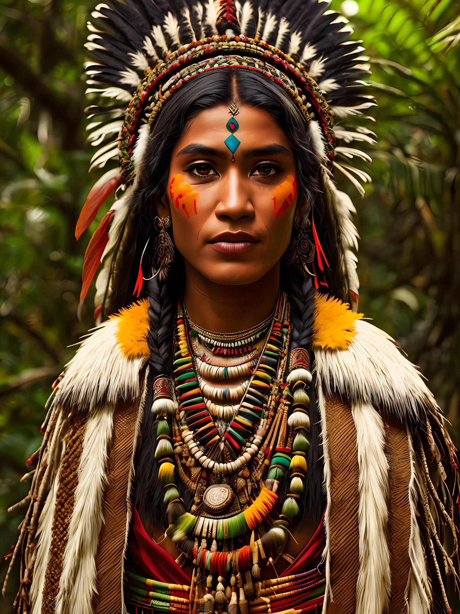 Un retrato de un indio yanomami con trajes típicos, texturas 4K, hdr, Intrincado, muy detallado, enfoque nítido, hiperdetallado