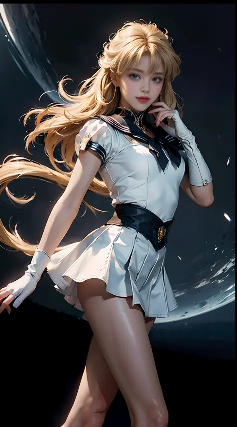 (Extreme detail CG Unity 8K wallpaper, masterpiece, highest quality), (exquisite lighting and shadow, highly dramatic picture, cinematic lens effect), (Sailor Moon: 1.1), charming smile, double tail, blue eyes, blond hair, tight top, white gloves, mini ski...
