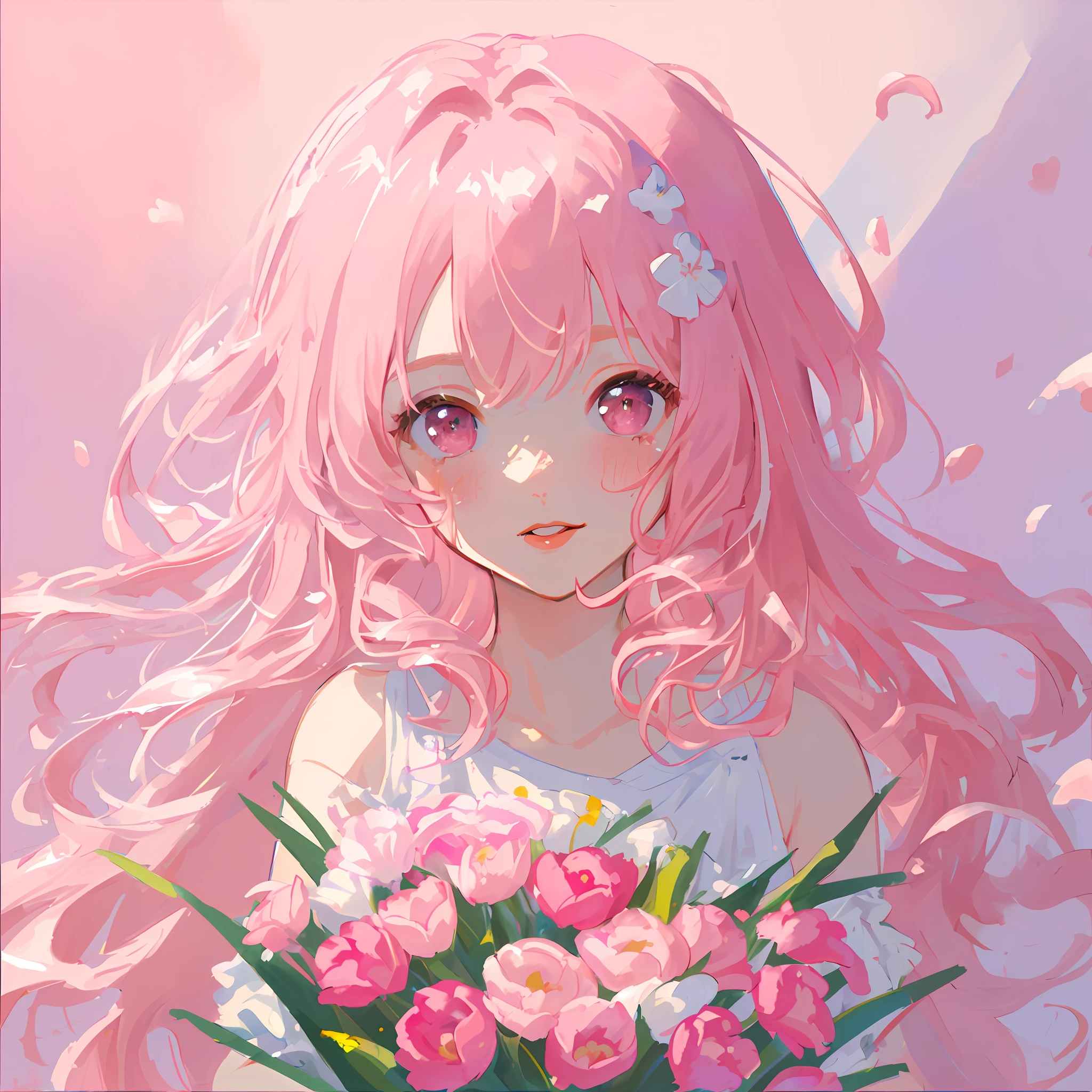 Messy brushstrokes, childish painting style, highest quality, masterpiece, masterpiece, extreme detail, 1 girl, pink long hair, upper_body, pink hair, red lips, pink camisole with bare shoulders, mug shot, upper body, hand bouquet, pink tulips, happiness, long curly hair, close-up, portrait, avatar, white wall,