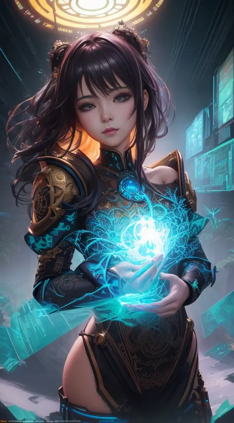 chibi style, shoulder length messy hair , happy, Full body, Beautiful anime waifu style girl, hyperdetailed painting, luminism, art by Carne Griffiths and Wadim Kashin concept art, 4k resolution, fractal isometrics details bioluminescence , 3d render, octa...