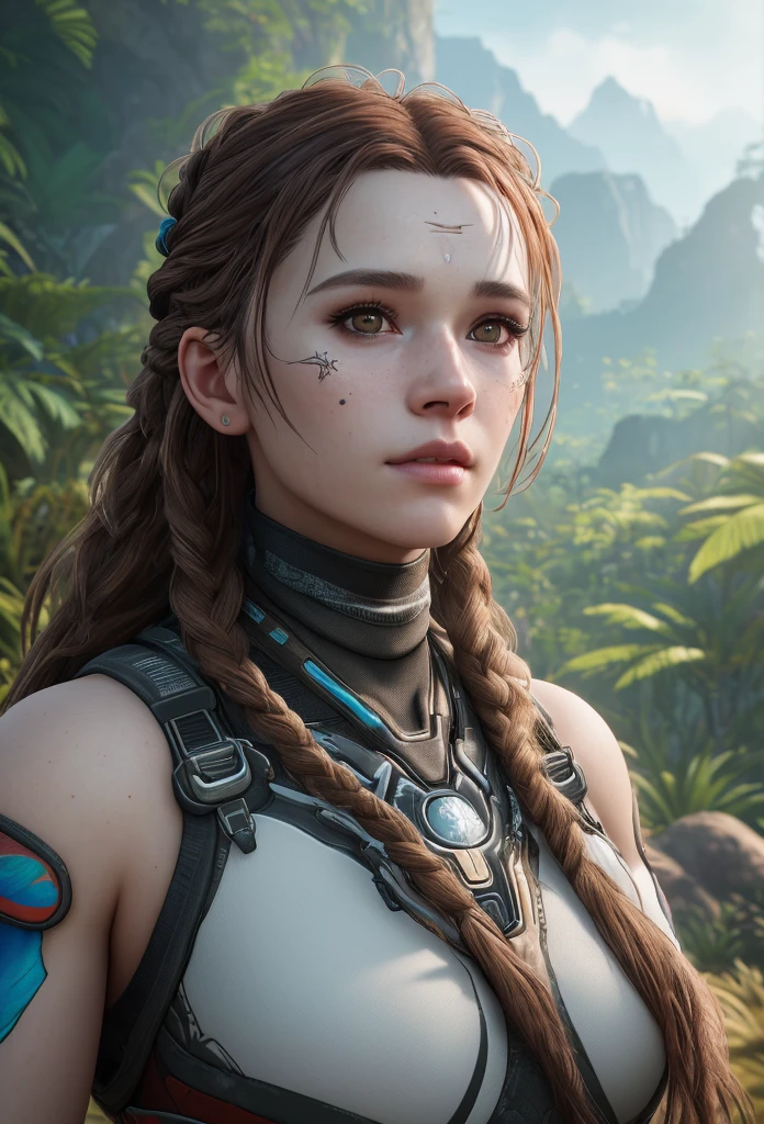 fotografía ultra realista, Perfectamente centrado desde el cuerpo disparado desde Horizon Zero Dawn, Criaturas de Horizon Zero Dawn Acantilados de la jungla en el fondo, mirando al espectador, pose de moda, extremadamente detallado eyes, cara realista simétrica detallada, extremadamente detallado natural texture, Pelusa de melocotón detallada, pelo despeinado, Obra maestra, absurdos, foto premiada de lee jeffries, Fotografía de archivo de película Nikon d850, Cámara Kodak Portra 400 F1.6 lentes,  profundidad de campo, extremadamente detallado, Asombroso, buen detalle, colores ricos, textura realista hiperrealista, iluminación dramática, motor irreal, tendencia en Artstation, cinestill 800 tungsteno, foto realista, foto en bruto, TanvirTamim, alta calidad, alta resolución, enfoque nítido, extremadamente detallado, cinematográfico lighting, 8k hd, alta definición, cinematográfico, neopreno, Ganador del concurso Behance, Destacado en Unsplash, CGSOCIEDAD, Motor irreal 5, ultra enfoque nítido