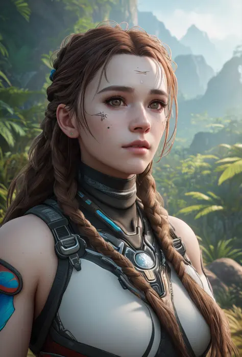 ultra realistic photography, perfectly centered from body shot from horizon zero dawn, creatures from horizon zero dawn jungle cliffs in the background, looking at viewer, fashion pose, extremely detailed eyes, detailed symmetric realistic face, extremely ...