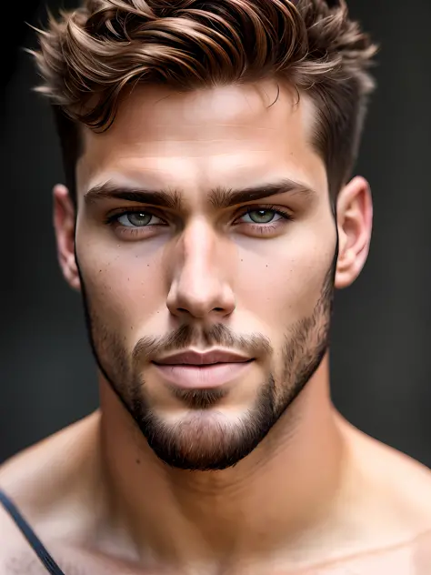 full frame, Close portrait, extremely handsome male model, Herculean Greek male, taupe clear skin, auburn buzzcut hair, heteroch...