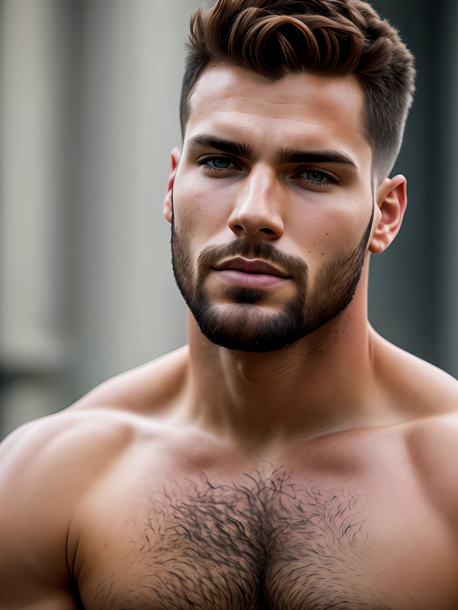 full frame, Close portrait, extremely handsome male model, Herculean Greek male, taupe clear skin, auburn buzzcut hair, heterochromia honey eyes, (skin texture), skin pores, shallow depth of field, sharp eye focus, backlit