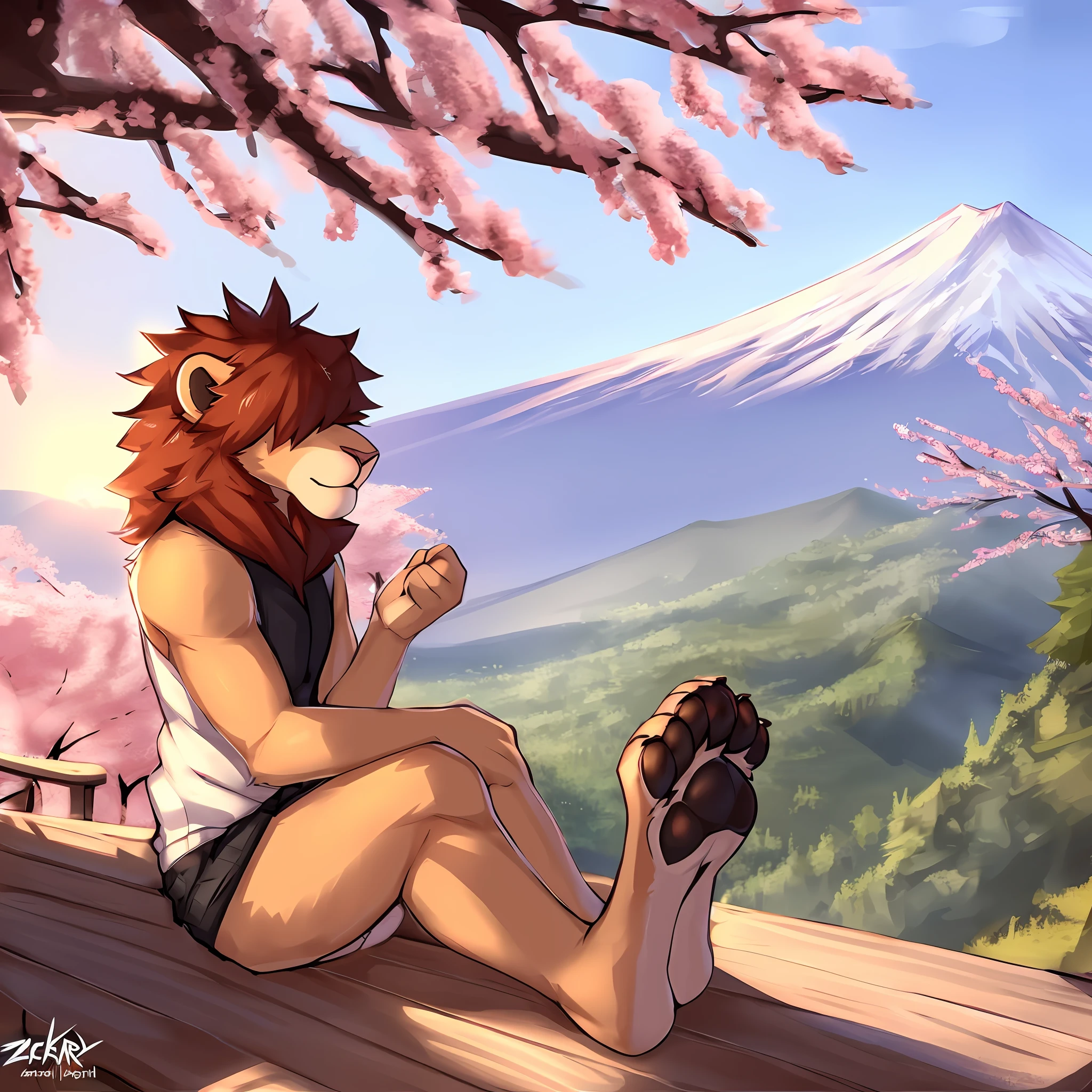 thin male solo cartoon lion by zackary911 hair over eyes wearing clothes sunlit people in background Paws instead of hands and feet paws visible Mount fuji in distance cherry trees all around scenic smiling