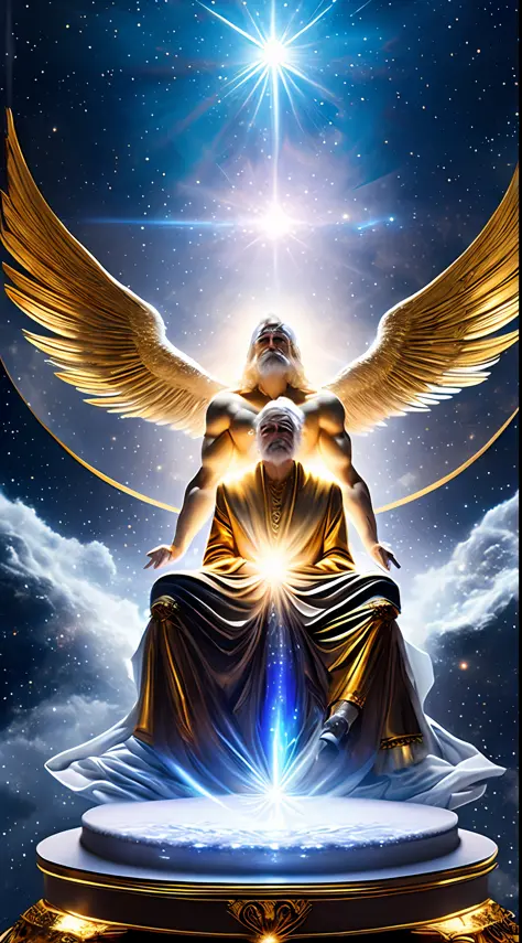 super high resolution, best quality, photo, 16k, (photorealistic: 1.2), cinematic lighting, An old man in the shape of a mythical god. Depict the god holding the sun and moon, enveloped by a radiant aura. Seat them on a magnificent throne within a cosmic b...