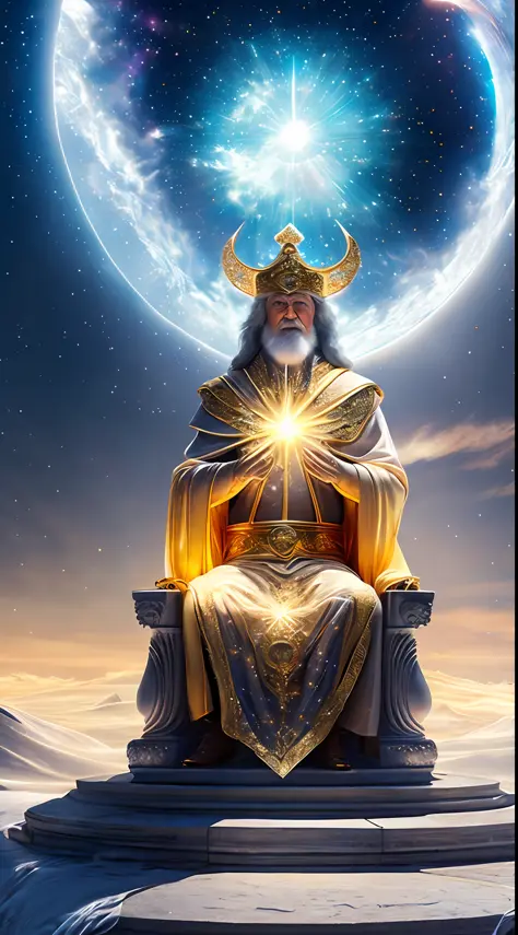 super high resolution, best quality, photo, 16k, (photorealistic: 1.2), cinematic lighting, An old man in the shape of a mythical god. Depict the god holding the sun and moon, enveloped by a radiant aura. Seat them on a magnificent throne within a cosmic b...