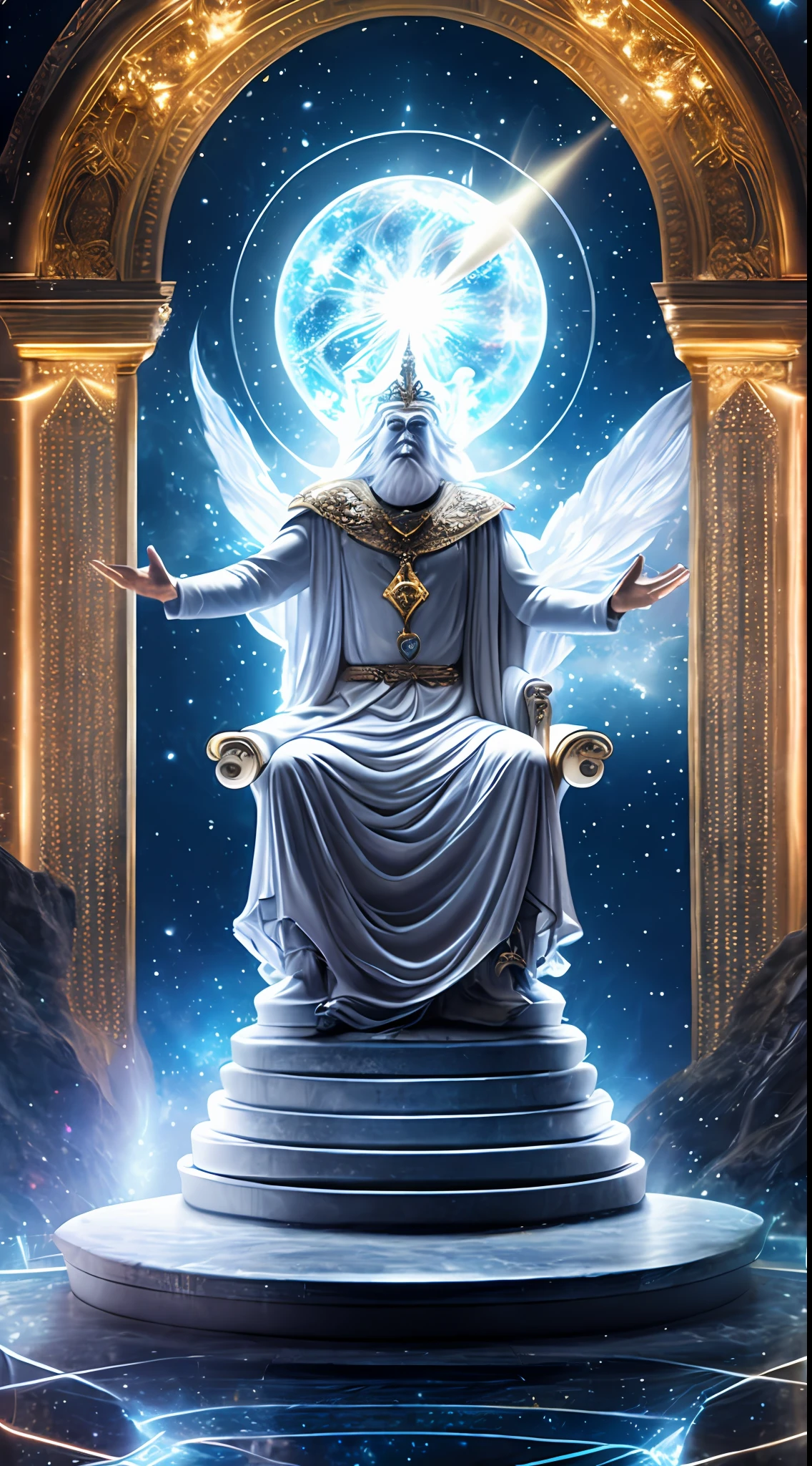 super high resolution, best quality, photo, 16k, (photorealistic: 1.2), cinematic lighting, An old man in the shape of a mythical god. Depict the god holding the sun and moon, enveloped by a radiant aura. Seat them on a magnificent throne within a cosmic backdrop, in bright white cloaks floating on the crystal throne, floating on crystal clouds, surrounded by the splendors of the universe. Pay meticulous attention to stunning details and achieve a resolution of K for an immersive and realistic visual experience. Let your work capture the essence of myth and wonder, leaving viewers in awe of its beauty and power.