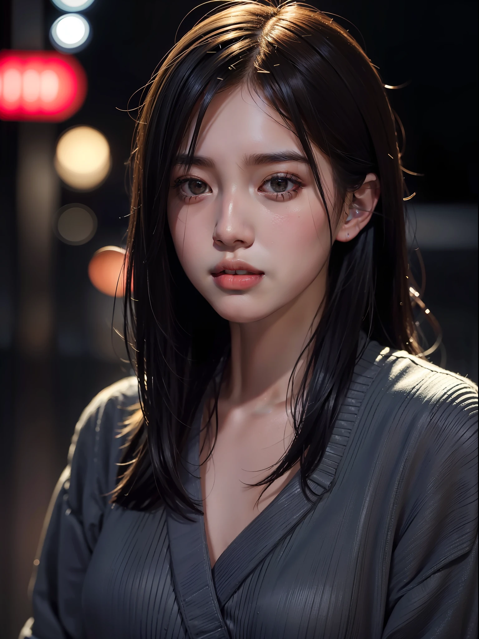 Best quality, masterpiece, ultra high res, (photorealistic:1.4), raw photo, 1girl, in the dark, deep shadow, low key, cold light, closeup, on the streets of Japan, night time , rainy night, Japan streets , neon lighting background