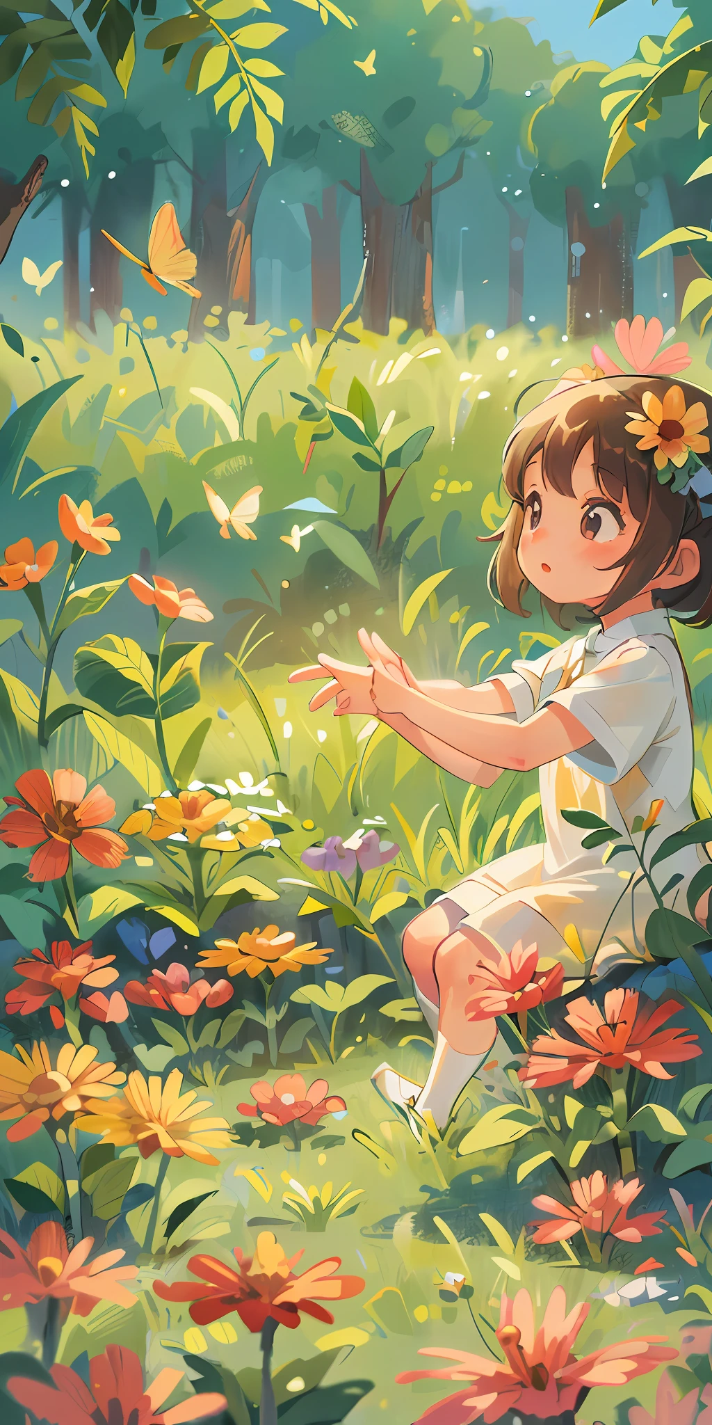 High Detail, Ultra Detail, Ultra High Resolution A cute and innocent girl, , toddler, enjoying her time in the open field, surrounded by the beauty of nature, warm sun sprinkling on her, wildflowers gently swaying in the breeze. Butterflies and birds flutter around her, adding to the playful atmosphere ,--v6