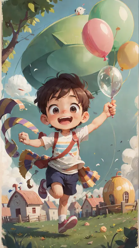 Poster making, Children's Day, in the amusement park, a little boy holding a balloon, happy, jumping, happy --v 6